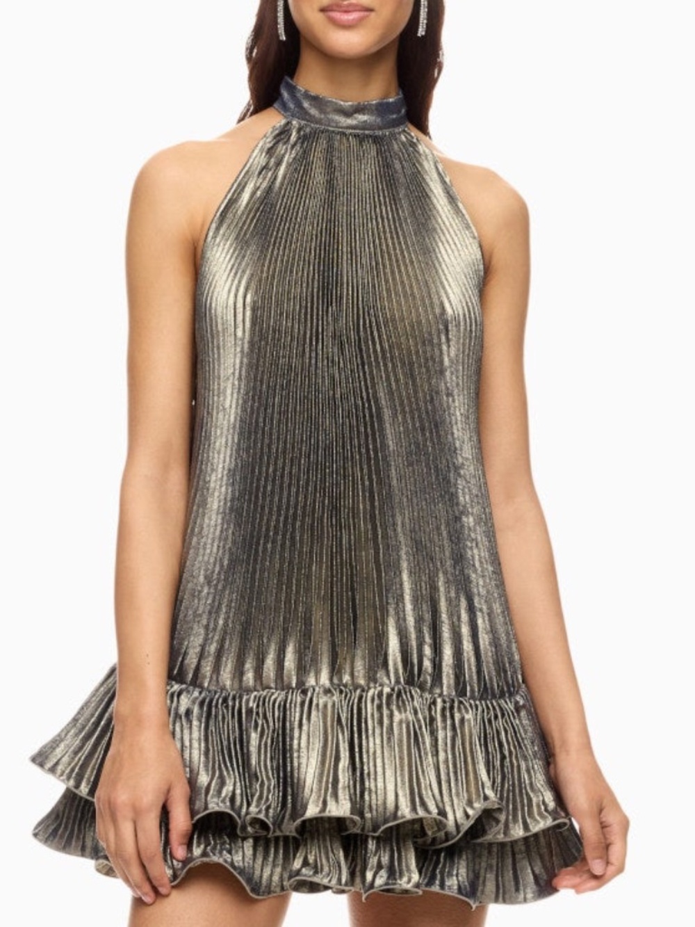 L'IDEE Soleil Mini Dress Black Gold Halter Ruffle Flounce Metallic - US Size 8